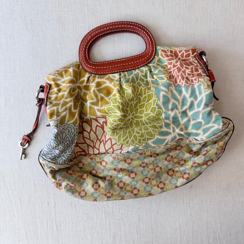 Fossil Floral Canvas Leather Trim Satchel Tote Bag Womens Large Multicolor